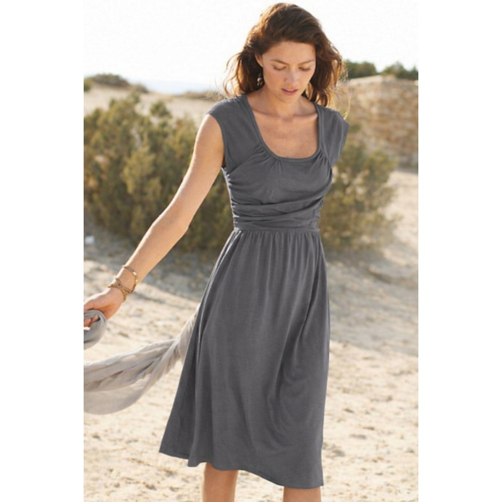 Garnet Hill Grey "Veranda" Dress, Sleeveless, Flowy, Feminine, Ruched, Midi Sz 4